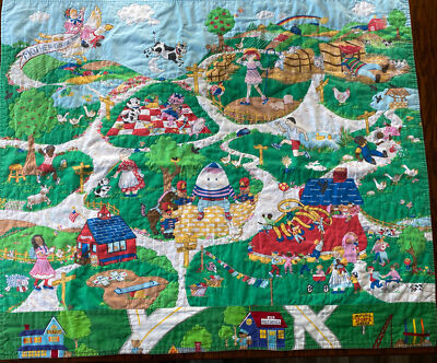 VTG Mother Goose Town Baby Quilt Blanket Little Miss Muffett Old Mother Hubbard