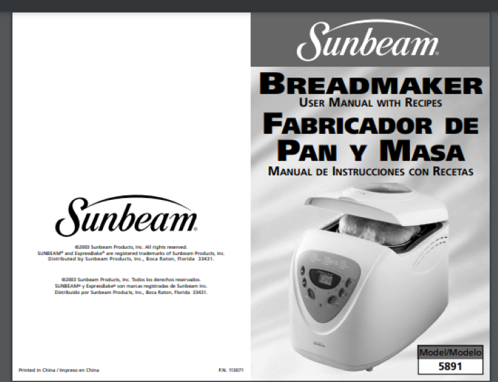Sunbeam 5891 Automatic Bread Maker MANUAL (Only!) 44 pages