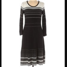 Nine West Sweater Dress Black Gray White Stripes A-line Silhouette Size M