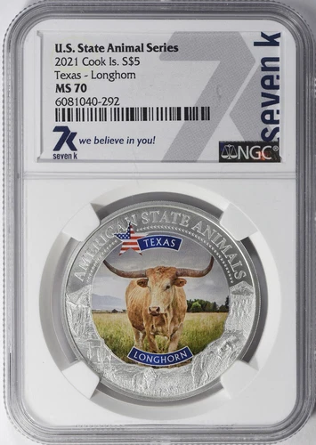 2021 COOK ISLANDS TEXAS LONGHORN FAO CATTLE NGC MS70 U.S. STATE ANIMAL 7K METALS