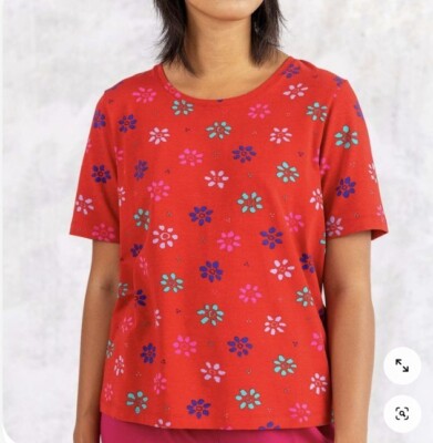 GUDRUN SJODEN  ESTER top sz 2XL blouse stretch cotton t-shirt floral XXL red