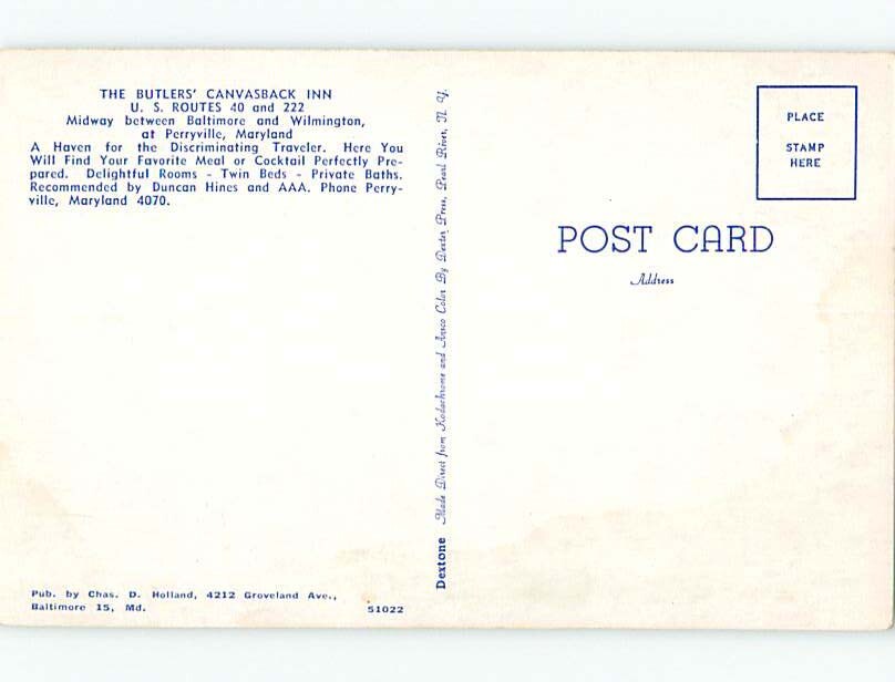 Unused 1950's OLD CARS & BUTLERS CANVASBACK MOTEL Perryville Maryland