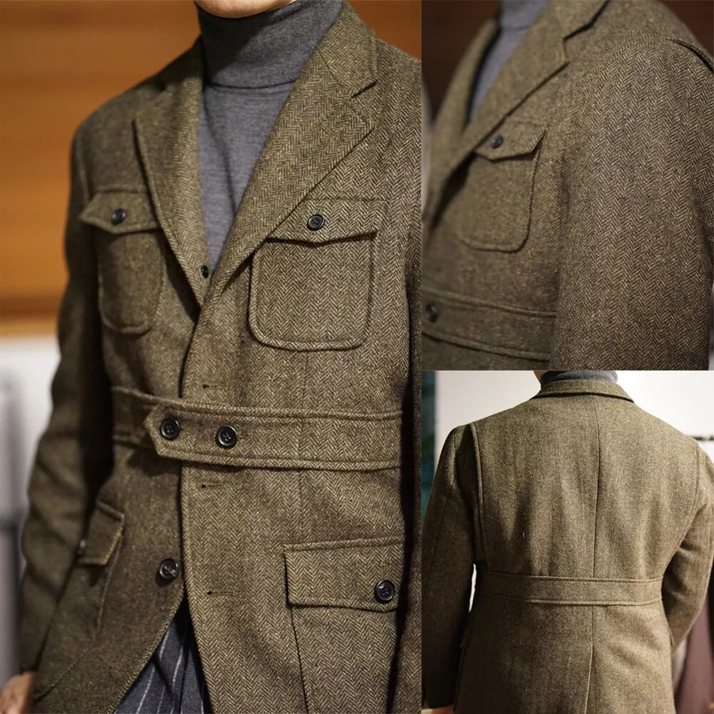 Fashion Tweed Safari Jackets Hunting Coats Herringbone Men's Causal  Wear Suits