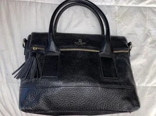 Kate Spade Southport Ave. Carmen Black Pebbled Leather Fold Over Tassel Zip Bag