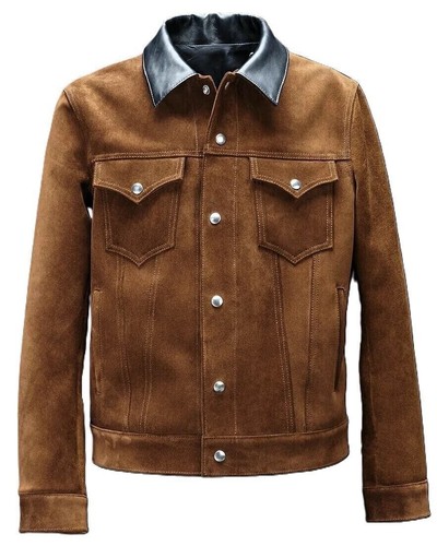 Veste de camionneur en cuir marron mode pour hommes en daim pur faite sur mesure...