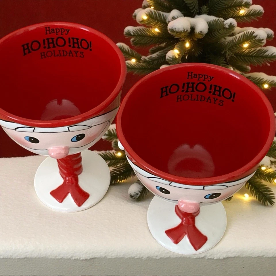 Grasslands Road Set Of Two Large Wine Goblet Glass Stemmed Santa Face Christmas - Image 2 of 4