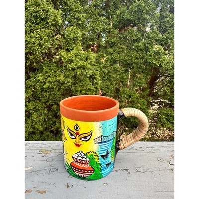 Hand Painted Terracotta Mug Kolkata Folk Art Durga Howrah Bridge Tram Bengali