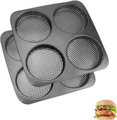 Large Hamburger Bun Pan 2PCS 5 Inch Perforated Non-Stick Carbon Steel Hamburger