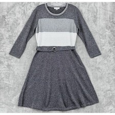 Calvin Klein Sweater Dress Womens Medium Silver Metallic Colorblock Belted Gray