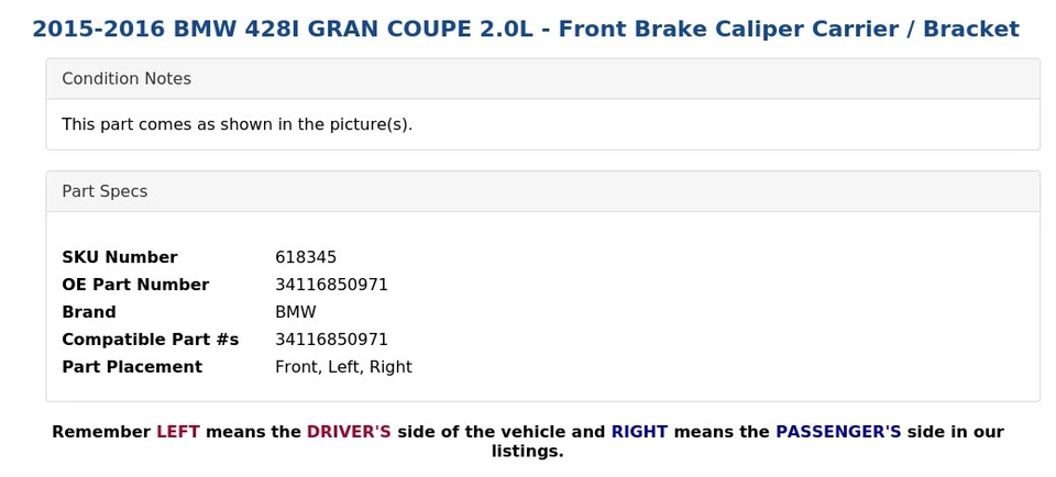 BMW 428I 2015-2016 Gran Coupé 2,0 L - Porta pinza de freno delantera/soporte Foto 4 de 4