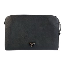 Prada Saffiano Leather Clutch Bag Men Black One Size