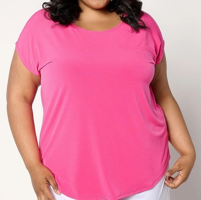 Susan Graver Modern Essentials Size 4X Pink Glow Liquid Knit Cap-Sleeve Top