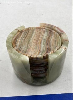 Brown Gray Marble Striped Round Shape Barware Coaster Set With Holder
