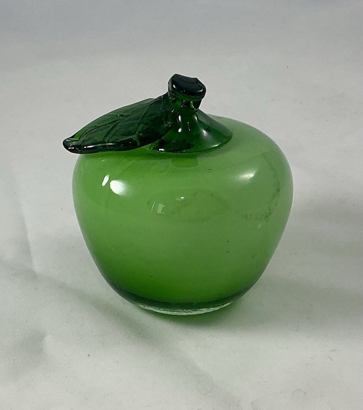 Handblown Green Apple Paperweight Mint Fruit Green Stem Art Glass Vintage