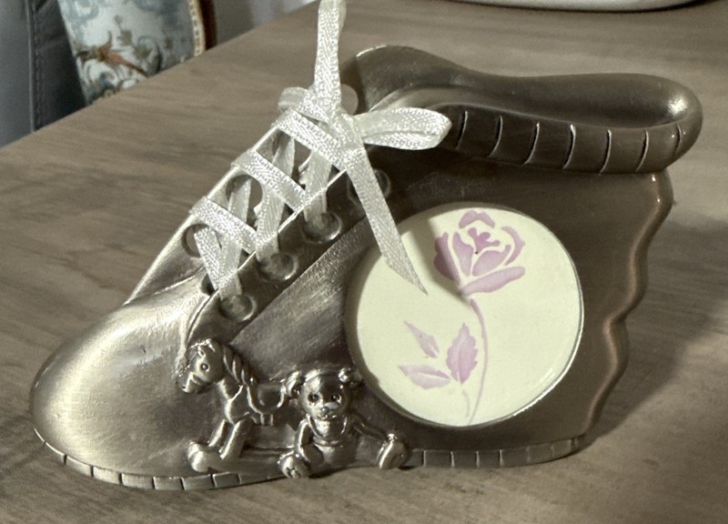 Baby Shoe Picture Frame Pewter Metal Nursery Decor Ribbon Laces