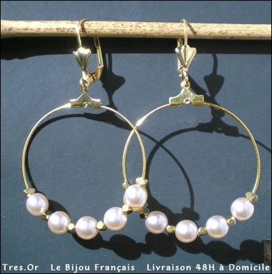 Boucles d'Oreille CREOLES DE PERLES NACRÉES & PERLES DORÉES Livré 48H à DOMICILE - Photo 1/4