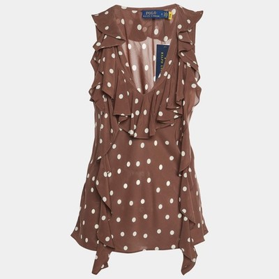 Polo Ralph Lauren Brown Polka Dots Chiffon Ruffled Top M