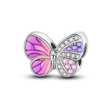 MULA European Silver Plated Charm Pink AAA CZ Enamel Butterfly For Lady Bracelet