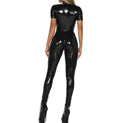 Womens Wet Look Catsuit Shiny Metallic Bodysuit Zipper Jumpsuit Night Club Party - Picture 18 of 45
