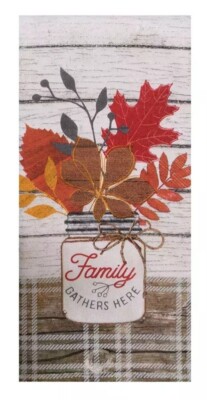 FAMILY GATHERS HERE Fall Kitchen Towel Dual Purpose Flat Weave Front Terry Back