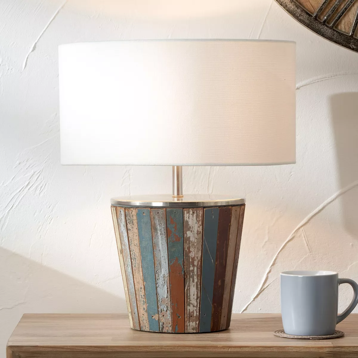 Rustic Wooden Table Lamp Distreeed Blue Farmhouse Lamp With Shade For Bedside