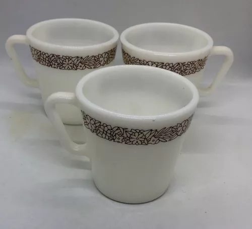 Vintage 10 oz. Pyrex Woodland Brown Coffee Mugs Cups #1410, Milk Glass 3 pcs