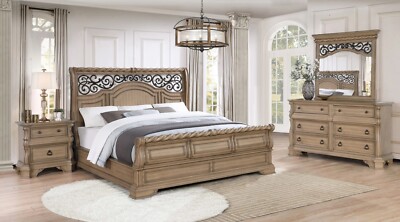 NEW Queen King 4PC Rich Oak Classic Sleigh Bedroom Set Traditional B/D/M/N