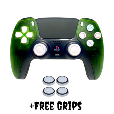 PS2 Emerald Green Ice Clear Retro PS5 DualSense Controller PC + Grips   Rare
