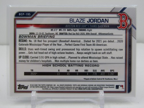 BLAZE JORDAN 2021 BOWMAN CHROME PROSPECT BLUE MOJO REFRACTOR #078/150! RED SOX!! - Picture 2 of 2