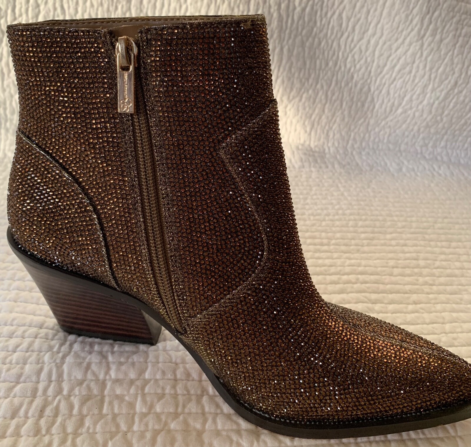 JESSICA SIMPSON ZALOR RHINESTONE WESTERN BOOTIE BRONZE GLITTER GABOR