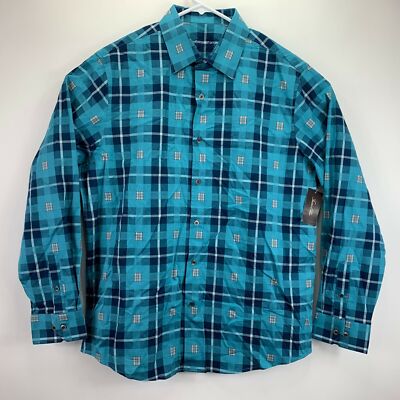 Tasso Elba Mens Stretch Box Plaid Classic Fit Button Down Shirt Blue XL