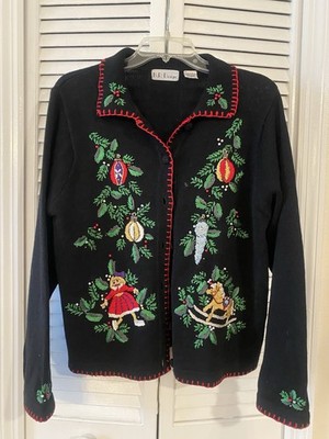 Vintage BP Design Sweater Womens M Black Christmas Ornaments Embroider Cardigan