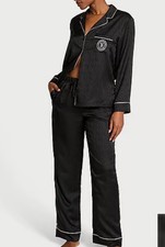Victoria's Secret Women's Satin Long Pajama Set Black VS Logo Large NWT
