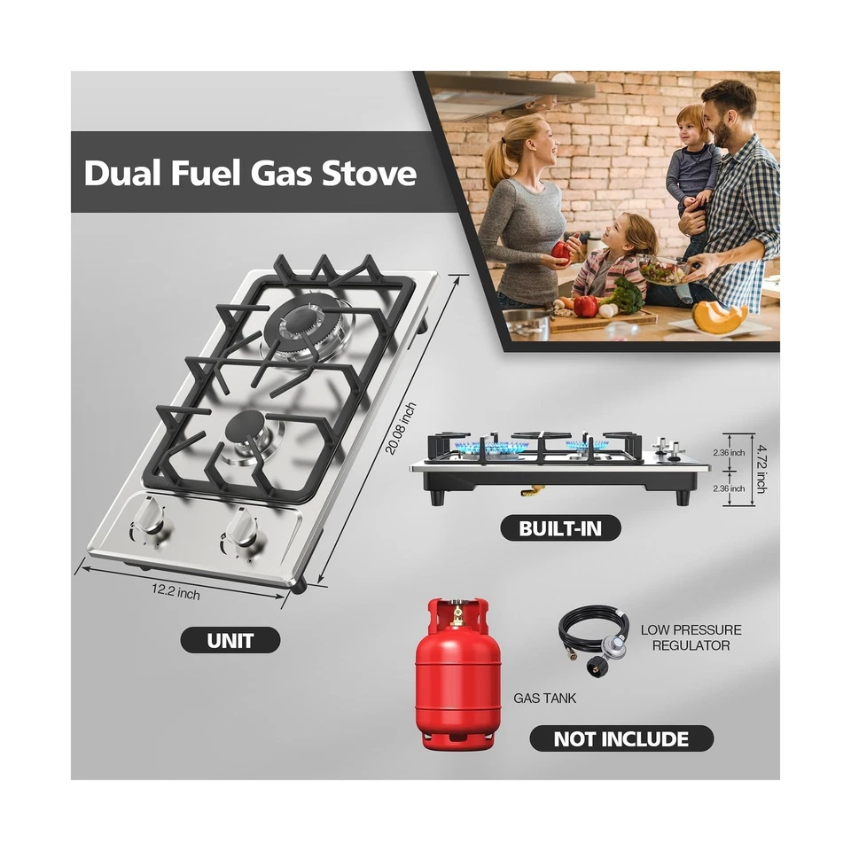 Fogão a gás 2 queimadores, cooktop de propano 12 polegadas, cooktop a gás portátil Nafewin Sta... - Imagem 3 de 4