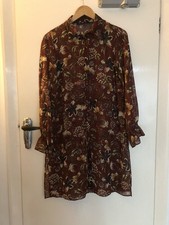 Zara S Burgundy Floral Chiffon Shirt Knee-length Dress 