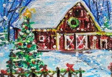 ACEO Original Winter XMAS BARN Farm Trees PAINTING Snow Country Landscape ART