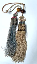Antique Asian Silk Tassels with Decorative Etched Gourd Charms