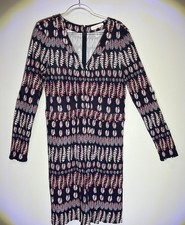 Tory Burch Printed Long Sleeve Dress Navy Multicolor Size XL V-Neck Boho Shift