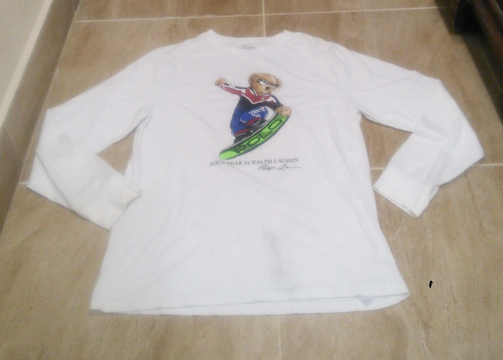 Youth Polo Ralph Lauren Shirt Snowboard Bear White Long Sleeve Sz XL RARE