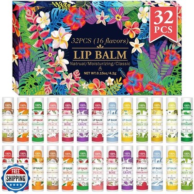 VISRIE 32 Pack Lip Balm, Natural Lip Balm Bulk with Vitamin E and Coconut Oil