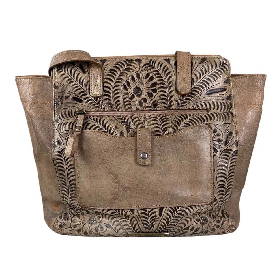 Bolso de Hombro American West Tooled Cuero Cartera Taupe Borla Western Rodeo Tote Foto 2 de 4