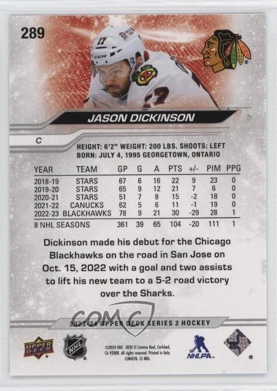 2023-24 Upper Deck Series 2 Outburst Red /25 Jason Dickinson #289 - Image 2 of 2