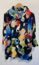 DAMEE Black Floral Jacket Womens Multi Color Art Pockets Button Front Medium