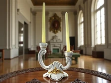 RB Alcobaça Portugal Double Candlestick Holder – White Porcelain with Gold