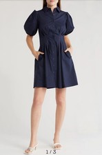 Eliza J Poplin Dark Navy Puff Sleeve Cotton Shirtdress PocketsSz 16 Plus