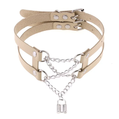 Double Belt Punk Choker with Cross Chain Lock Pendant Gothic Collar - Picture 15 of 37