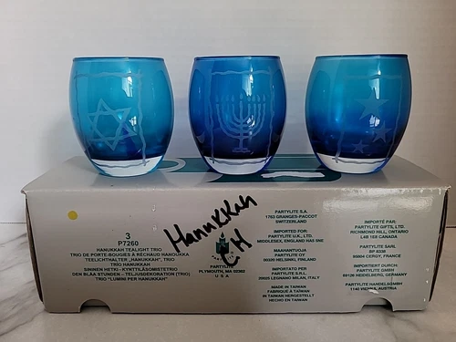 PartyLite Cobalt Blue Glass Hanukkah Candle Votive Trio P7260 Menorah Dreidel