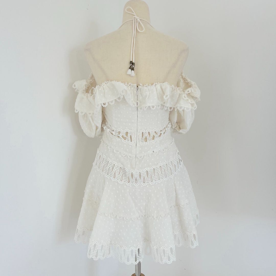 zimmermann pleated off shoulder mini dress Zimmermann White Linen Off Shoulder Scalloped Hem Tonal Embroidery Pleated Dress S Zimmermann
