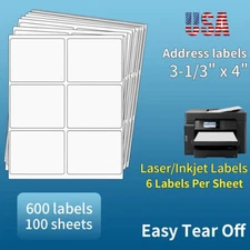 3 1/3" x 4" Address Shipping Labels Laser Ink Jet Self Adhesive 6 Per Sheet 6-UP