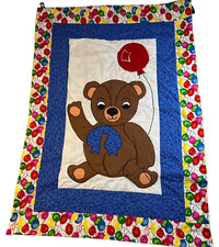 Teddy Bear Quilt Crib Blanket Throw Balloons Handmade 38 1/2" X 55 1/2"